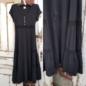 Black Crinkle Gypsy Boho Flowy Prarie Maxi Dress Gathered Ruffle Skirt Large
